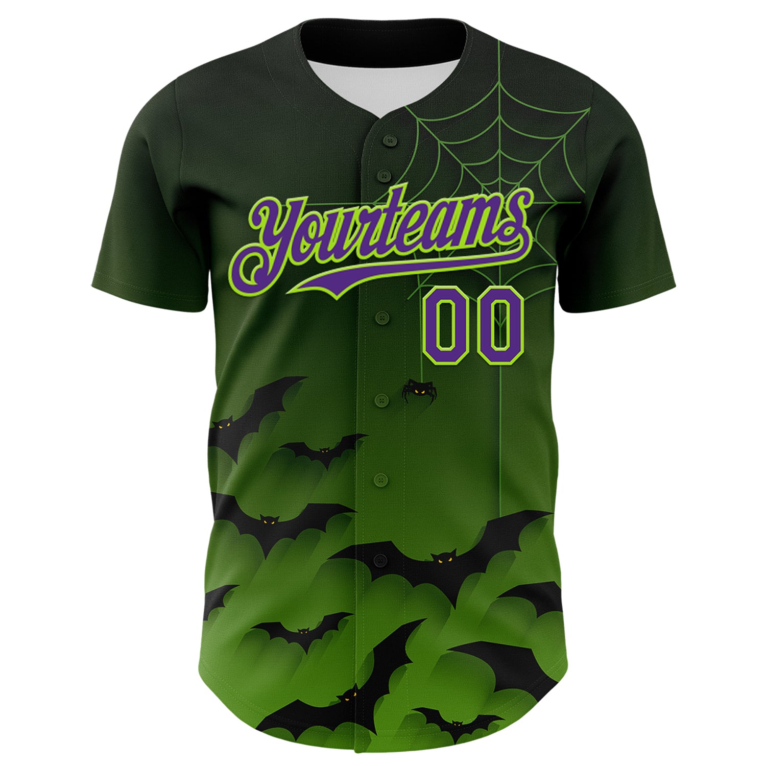 Custom Green Purple Black-Neon Green 3D Halloween Spider Net Bats Party Costume Ideas Authentic Baseball Jersey - Image 2