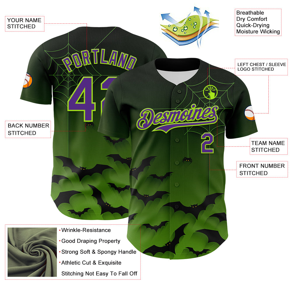 Custom Green Purple Black-Neon Green 3D Halloween Spider Net Bats Party Costume Ideas Authentic Baseball Jersey - Image 3