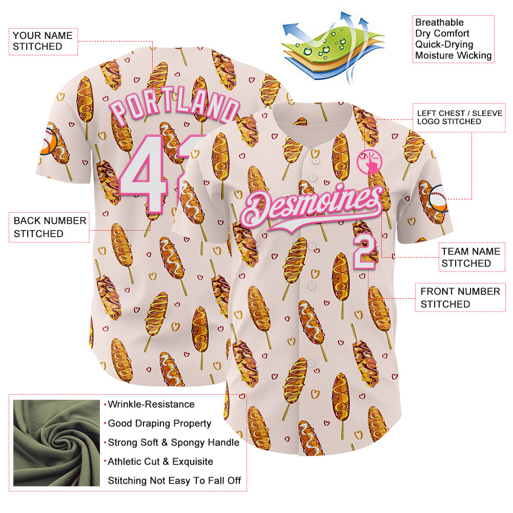 Custom Light Pink White-Pink 3D Pattern Design Foodie Asian Corndog Authentic Baseball Jersey - Image 3