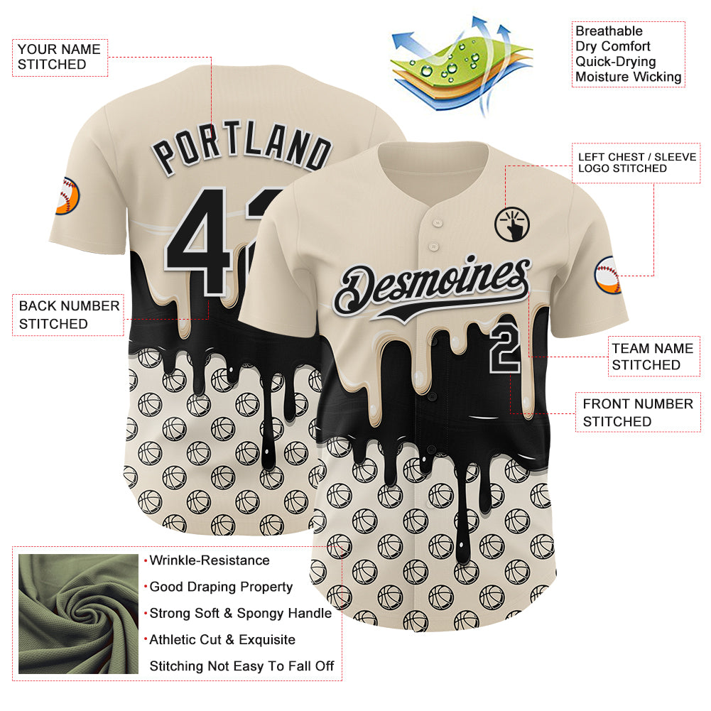 Custom Cream Black-White 3D Pattern Design Foodie Dripping Ice Cream Authentic Baseball Jersey - Image 3