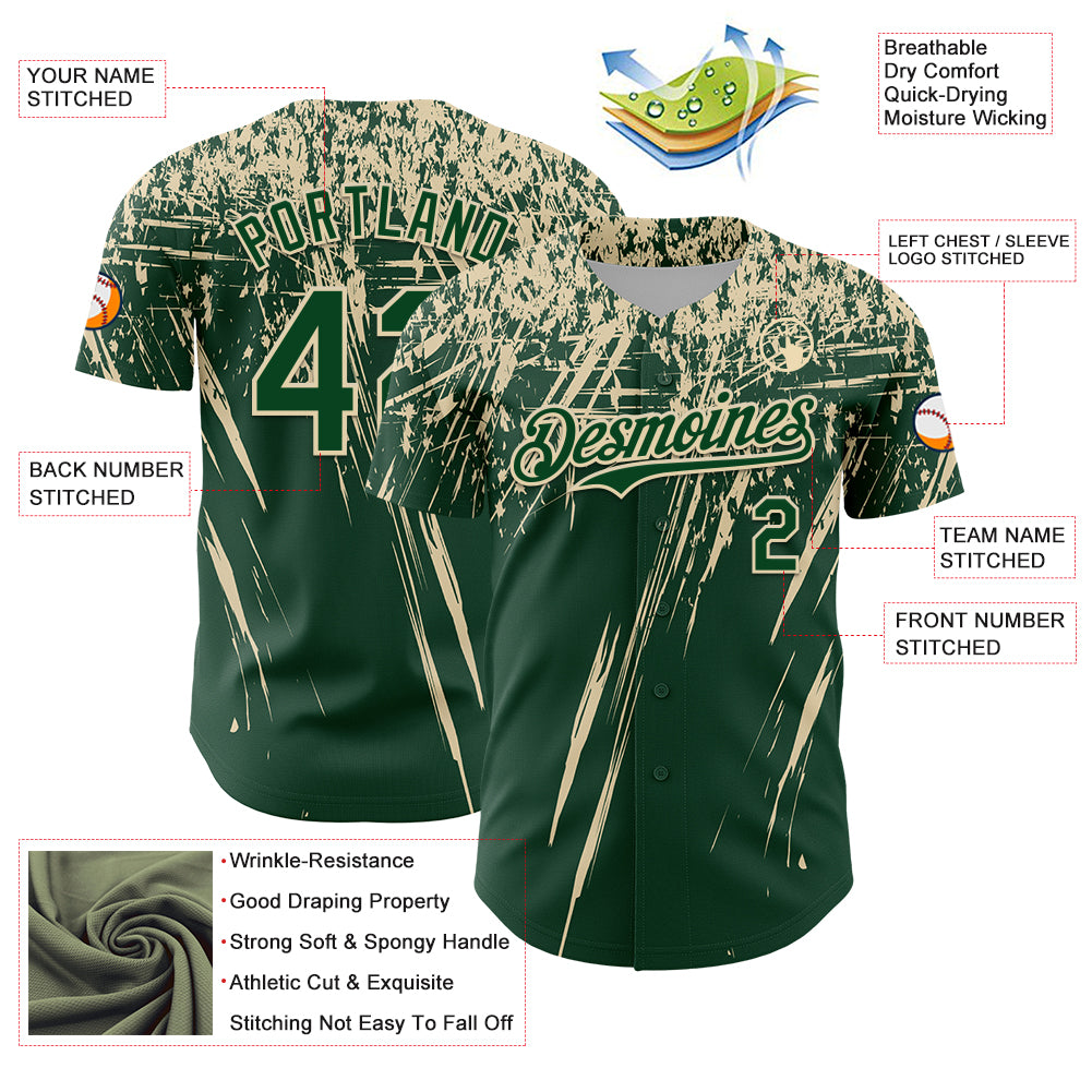 Custom Green Cream Distressed Scratch Brush Stroke Authentic Baseball Jersey - Image 3