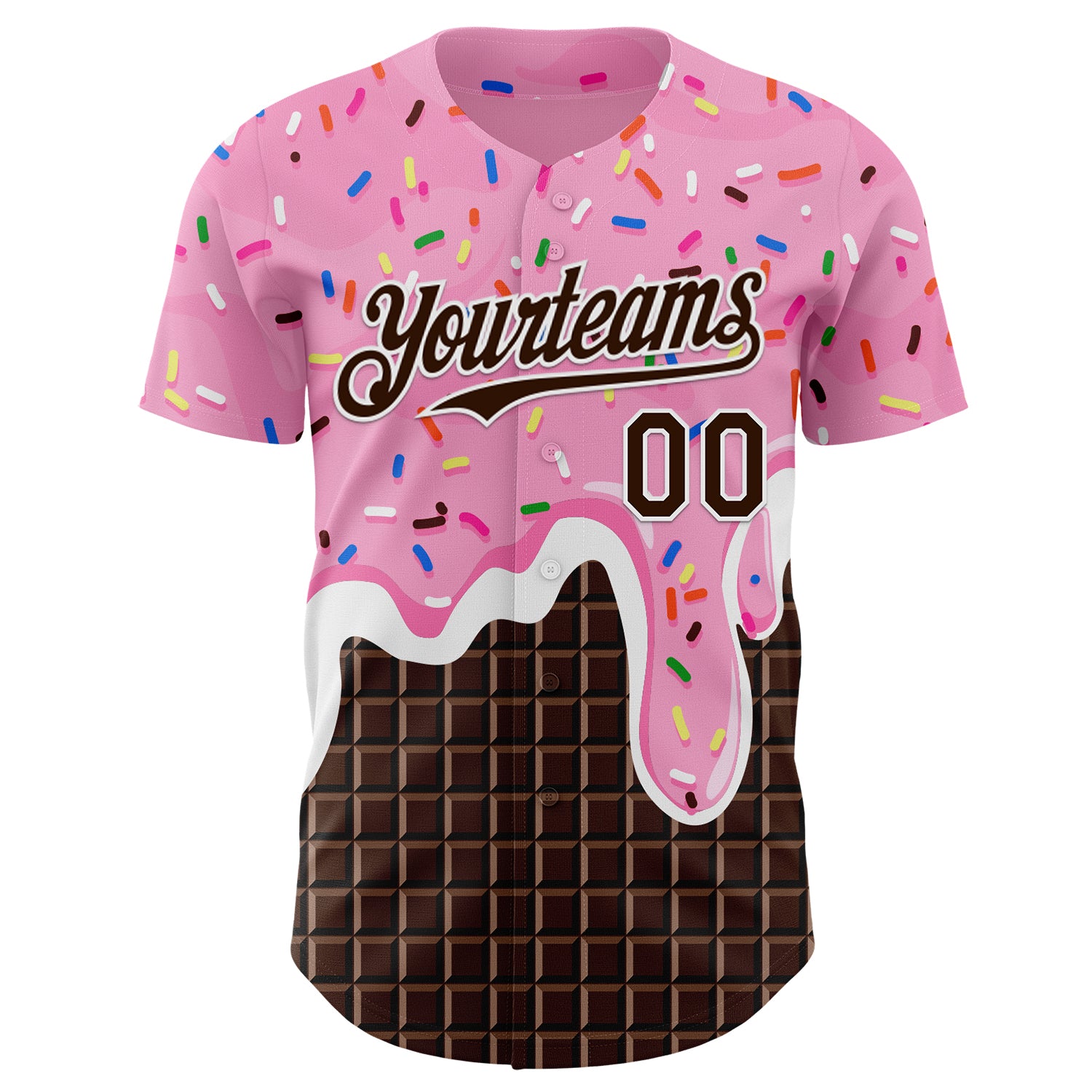 Custom Light Pink Brown-White Foodie Food Dessert Melting Cream Chocolate Grid Authentic Baseball Jersey - Image 2