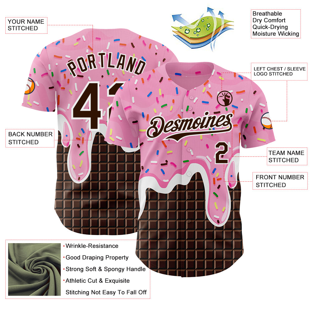 Custom Light Pink Brown-White Foodie Food Dessert Melting Cream Chocolate Grid Authentic Baseball Jersey - Image 3