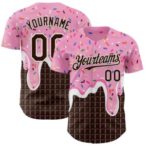 Custom Light Pink Brown-White Foodie Food Dessert Melting Cream Chocolate Grid Authentic Baseball Jersey