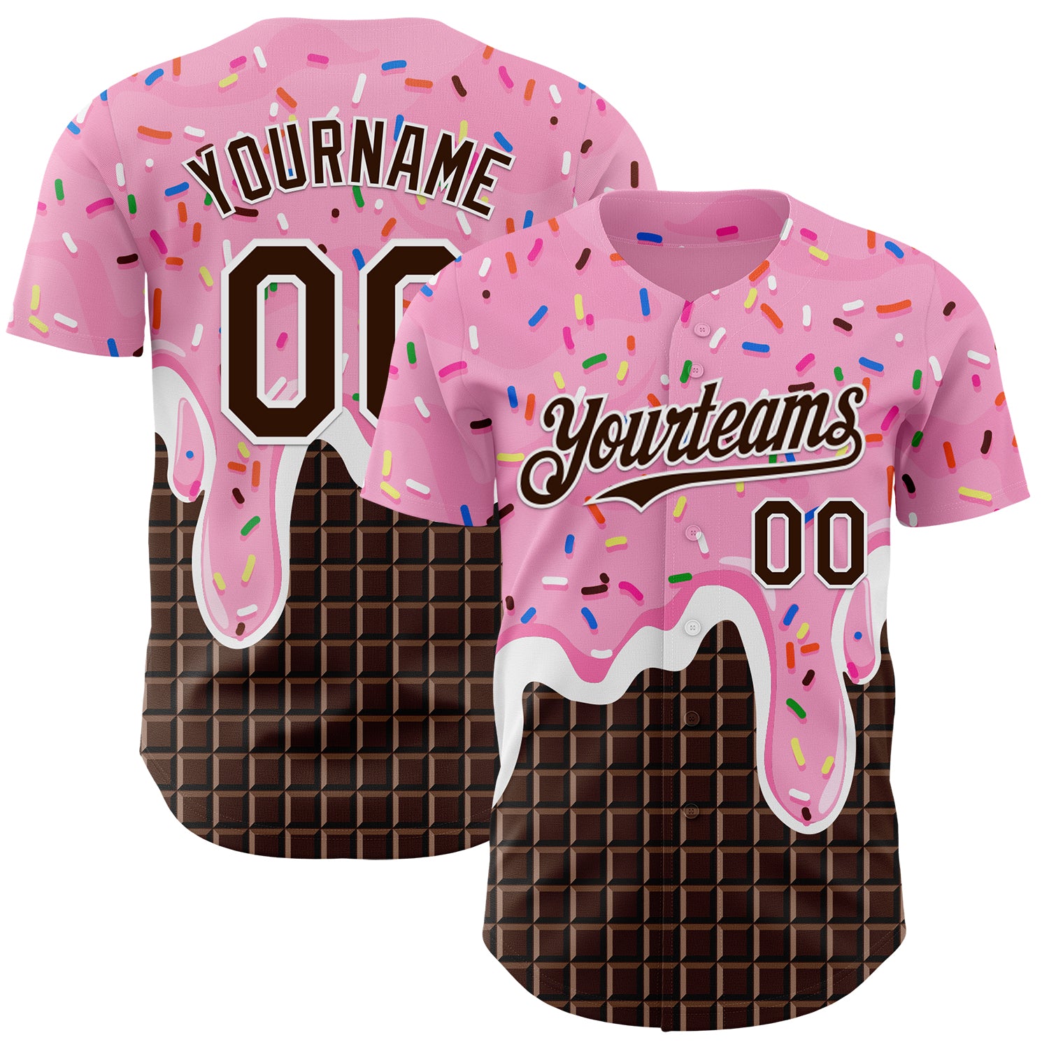 Custom Light Pink Brown-White Foodie Food Dessert Melting Cream Chocolate Grid Authentic Baseball Jersey