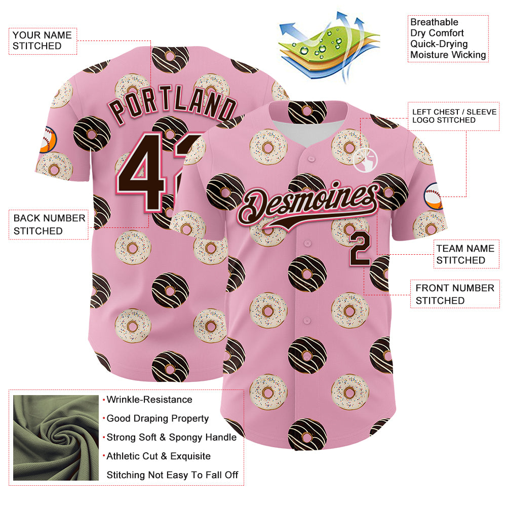 Custom Light Pink Brown-Neon Pink 3D Pattern Design Foodie Food Dessert Doughnut Authentic Baseball Jersey - Image 3