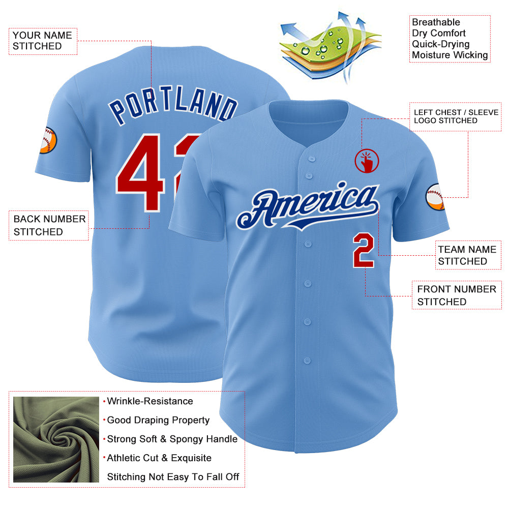 Custom Light Blue Red White-Royal Authentic Baseball Jersey - Image 3